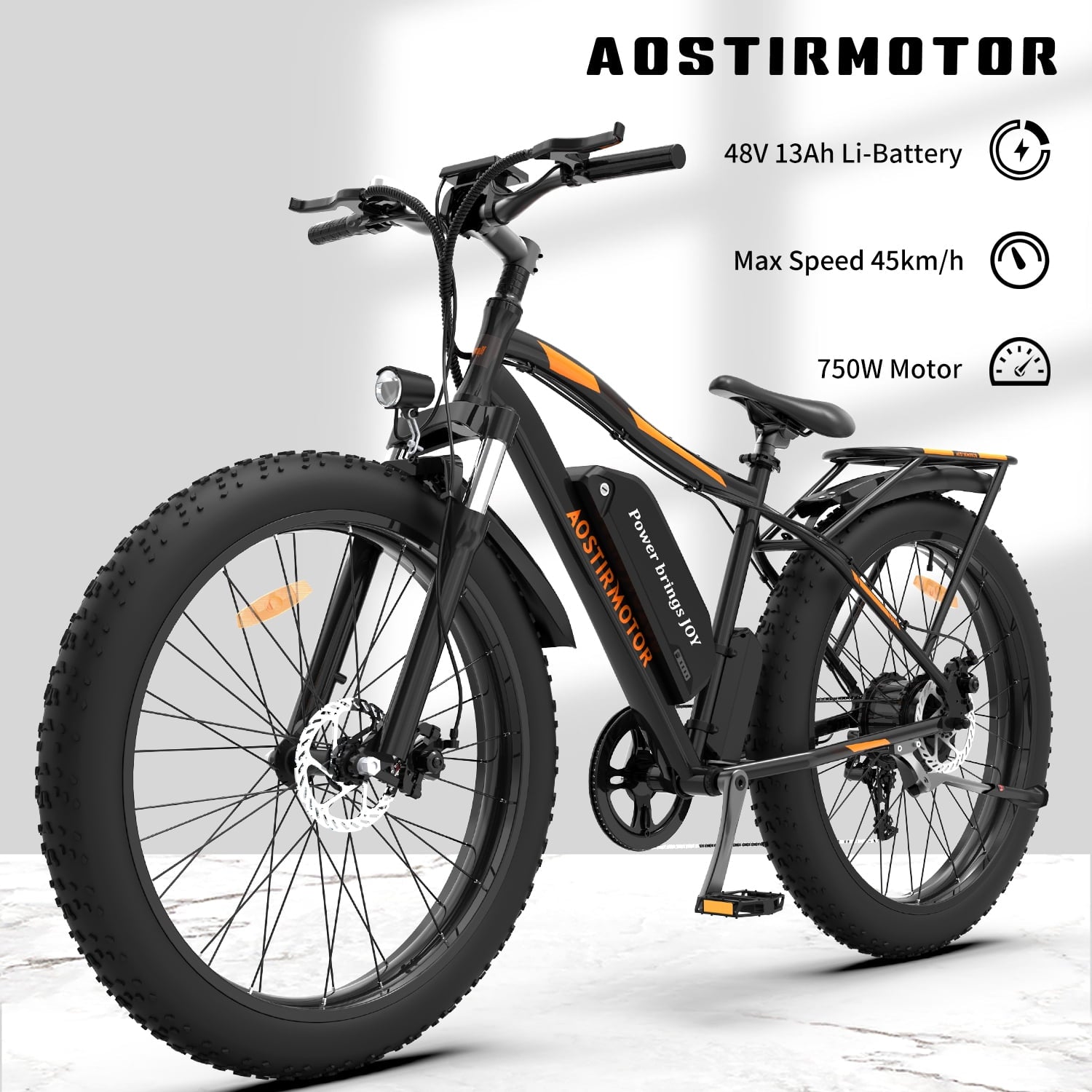 Aostirmotor Electric Mountain Bike, 750W Motor 48V 13AH Removable Lithium Battery Ebike with Rack, 26 4.0 inch Fat tire Bike, Electric Bicycle for Adults(Black)UL2849 Electric Bikes