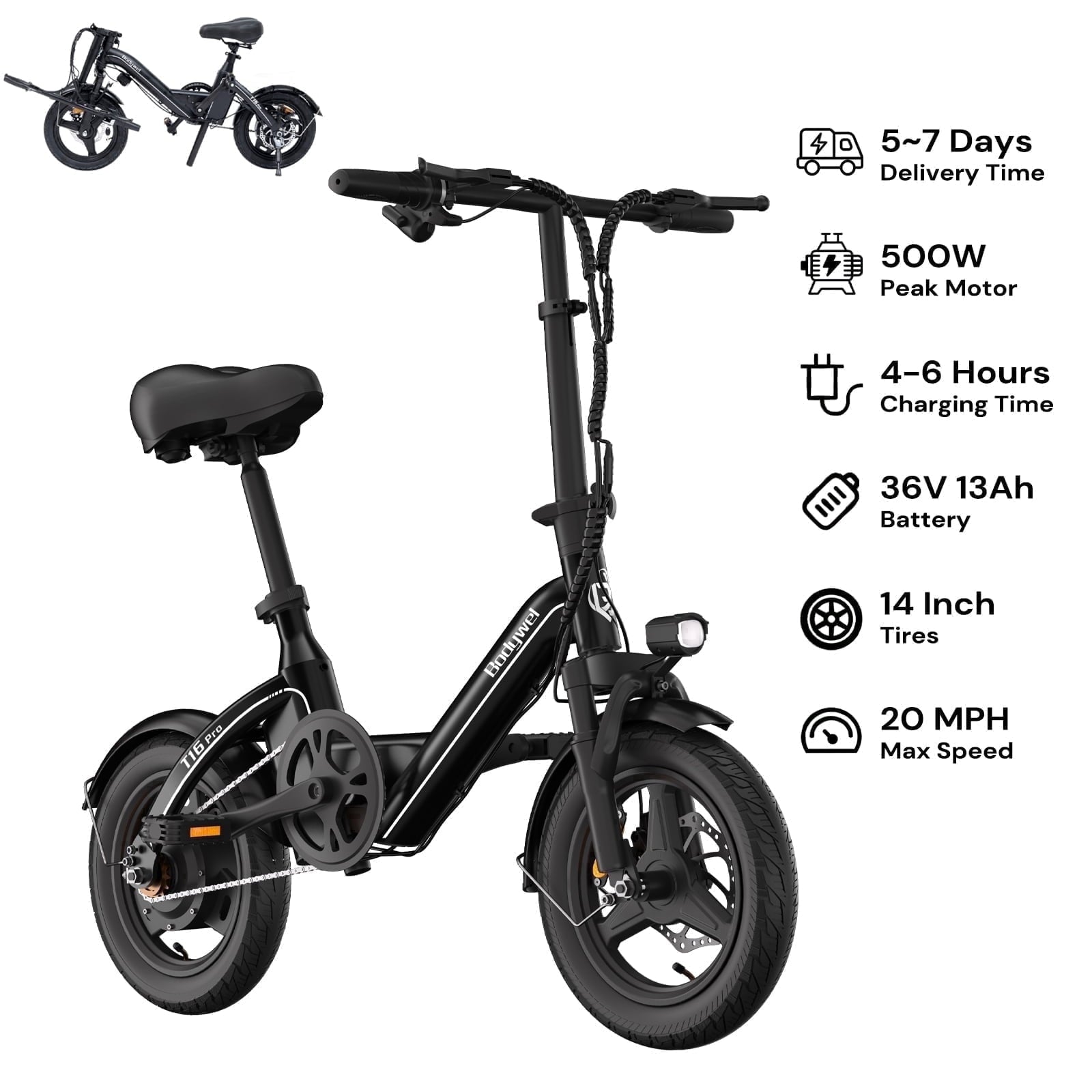 Bodywel Electric Bike for Adults, Electric Bicycle with 36V 10Ah Battery, 14 Folding Ebike, Peak 500W Motor, Mini E Bikes for Urban Commuter, UL2849 Electric Bikes
