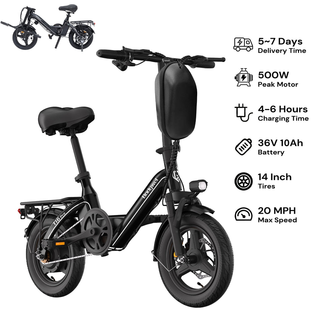 Electric Bike for Adults, Bodywel Electric Bicycle, 36V 10Ah Battery, 14 Folding Ebike for Riders, Peak 500W Motor, Commute E Bike, E-bike, UL2849 Electric Bikes