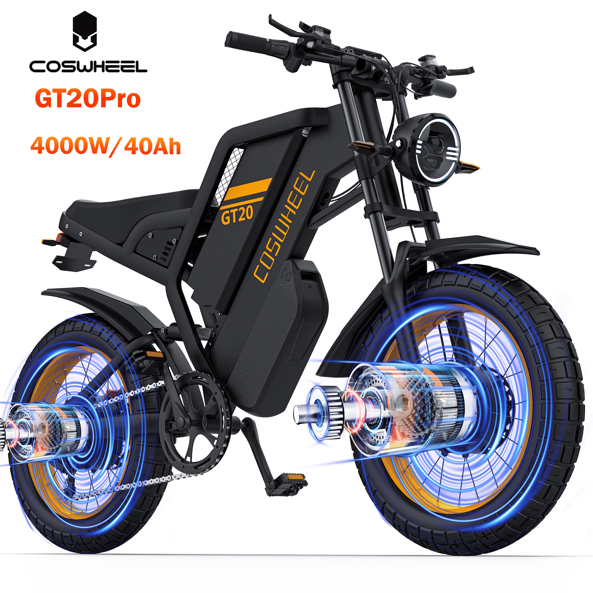 Coswheel GT20 Pro 4000W Electric Dirt Bike for Adults,40 MPH 48V 40Ah Battery Up to 145 Miles, 20 x 4 Fat Tire Full Suspension, Dual Hydraulic Disc Brake E-Bike UL2849 Electric Bikes