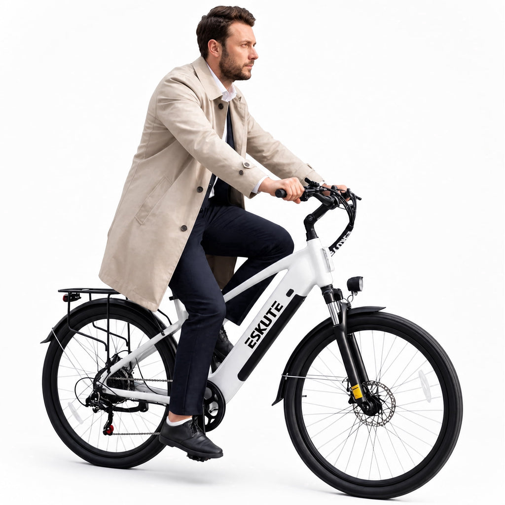ESKUTE Adult Electric Bike – 70-Mile Range, 1300W Peak Motor, 28MPH, 840Wh Removable Battery, 26 Tires, 7-Speed Adjustable Stem, Step-Over Ebike, White Electric Bikes