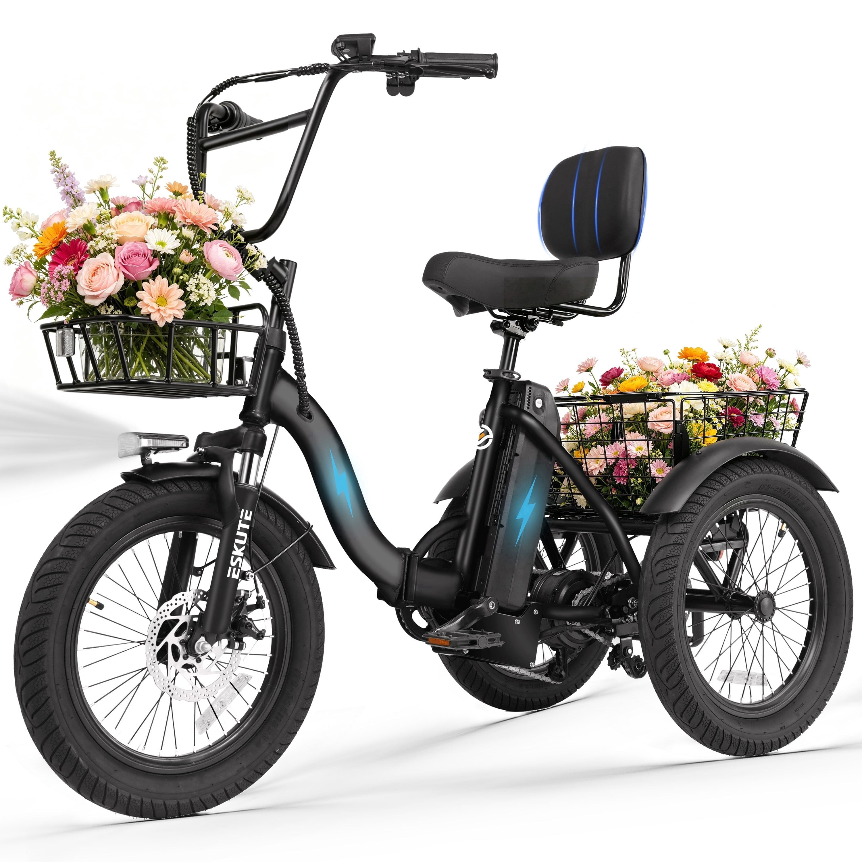 ESKUTE Adult Electric Tricycle, Folding Step-Thru E-Trike with Removable Battery, 18 x 3.0 Fat Tires, Long Range 3-Wheel Electric Bicycle for Daily Riding UL2849, Black Electric Bikes