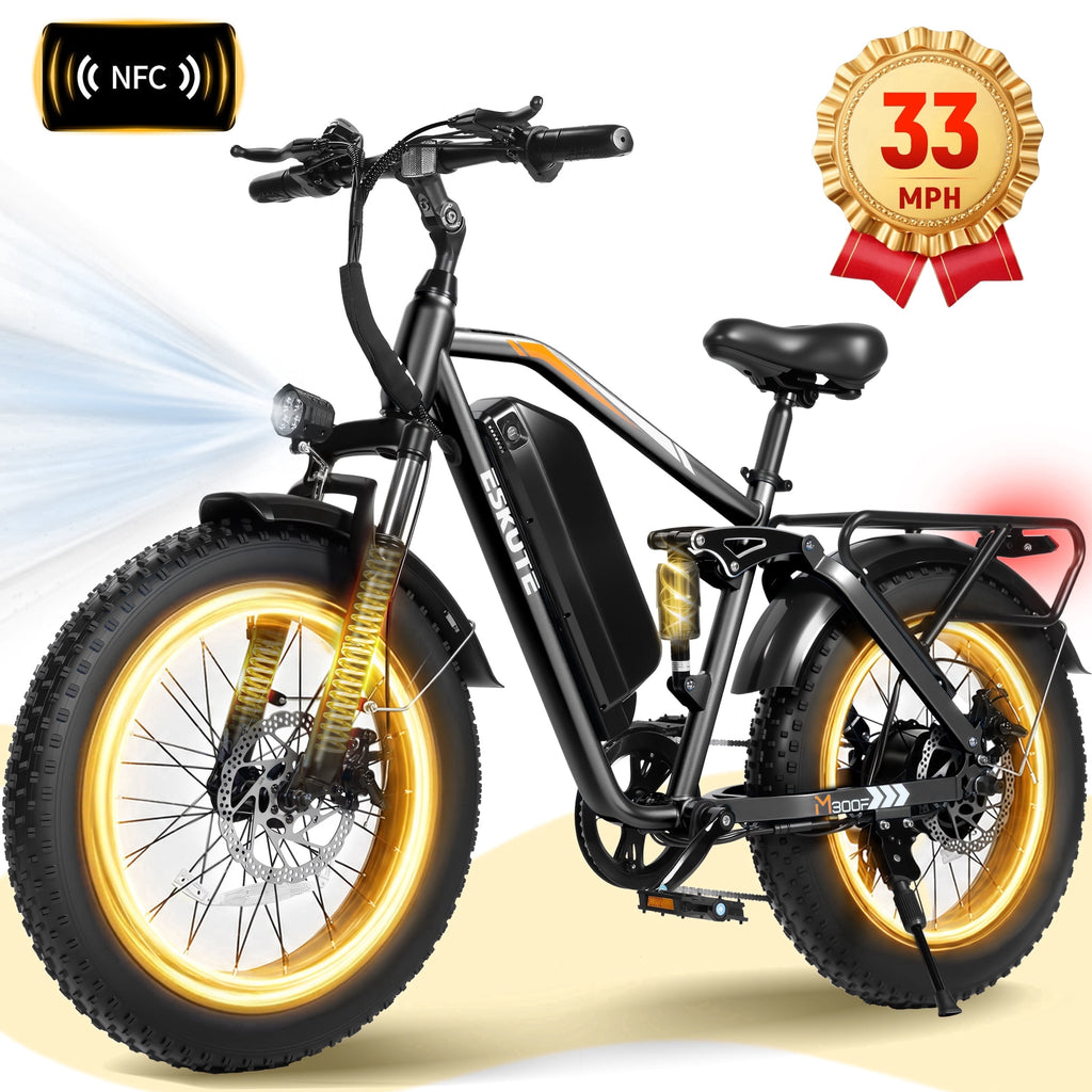 ESKUTE M300 Electric Bike for Adults, Full Suspension Fat Tire Mountain Ebike, 52V 20.8Ah Removable Battery, 1200W Motor, Up to 33MPH, 80 Miles Electric Bicycle Black, UL2849 Electric Bikes