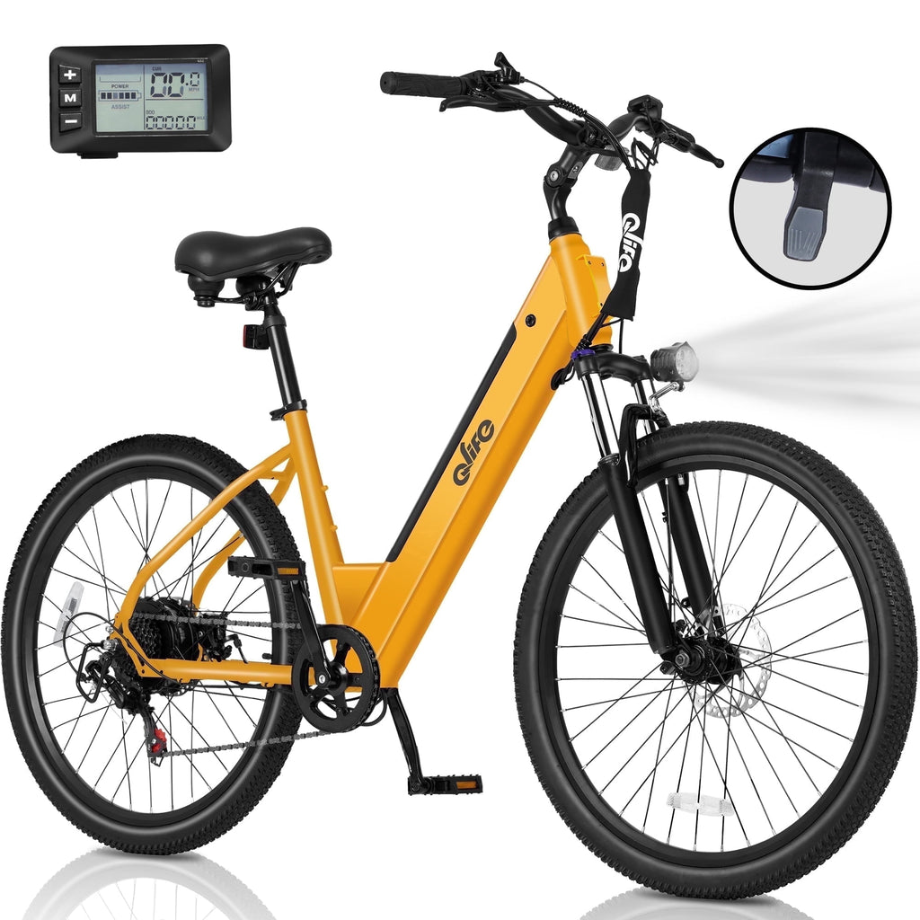 Qlife Electric Bike for Adults,28MPH,1200W Peak Motor 26 Ebike,7-Speed Upgrade 2.0 ElectricBicycle with Front Suspension,(Yellow) Electric Bikes