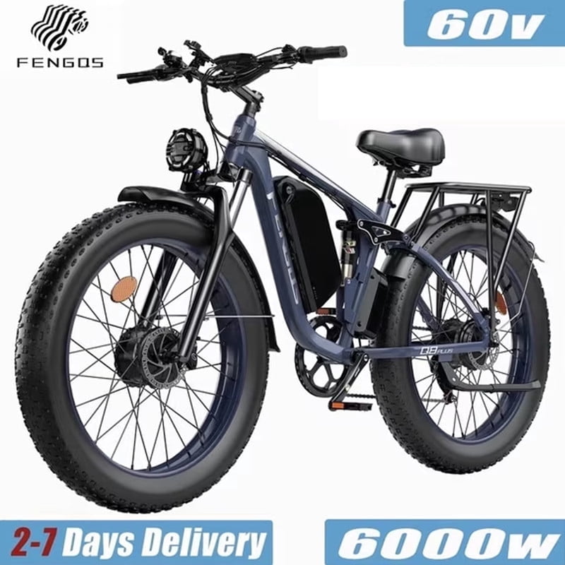 FENGQS 6000W Dual Motor Electric Bike for Adults, 24x4 Fat Tire, Up to 50mph 100 Mile, 60V/20Ah Battery, Full Suspension, For Off-Road Use Only (Gray Blue) Electric Bikes