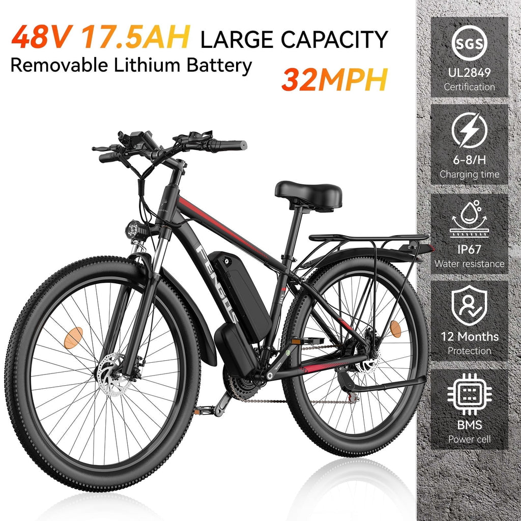FENGQS Q8 Electric Bike for Adults, Peak 2000W Motor 48V 17.5Ah, 21-Speed Ebike, 80 Mile 35MPH Electric Mountain Bike, Front Suspension, (Red)UL 2849 Electric Bikes