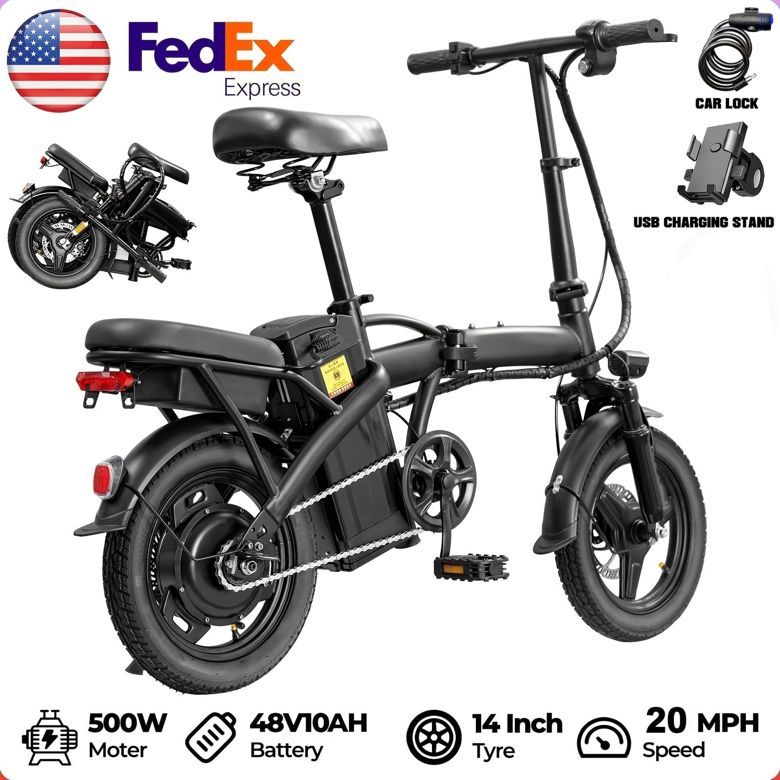 High Performance Adult Electric Bicycle, Portable Design Foldable Electric Bicycle, 500W Motor And 48V 10Ah Battery, 20 Mph Speed, Dual Disc Brakes, 14 Inch Electric Bicycle With Pedals, Suitable Electric Bikes