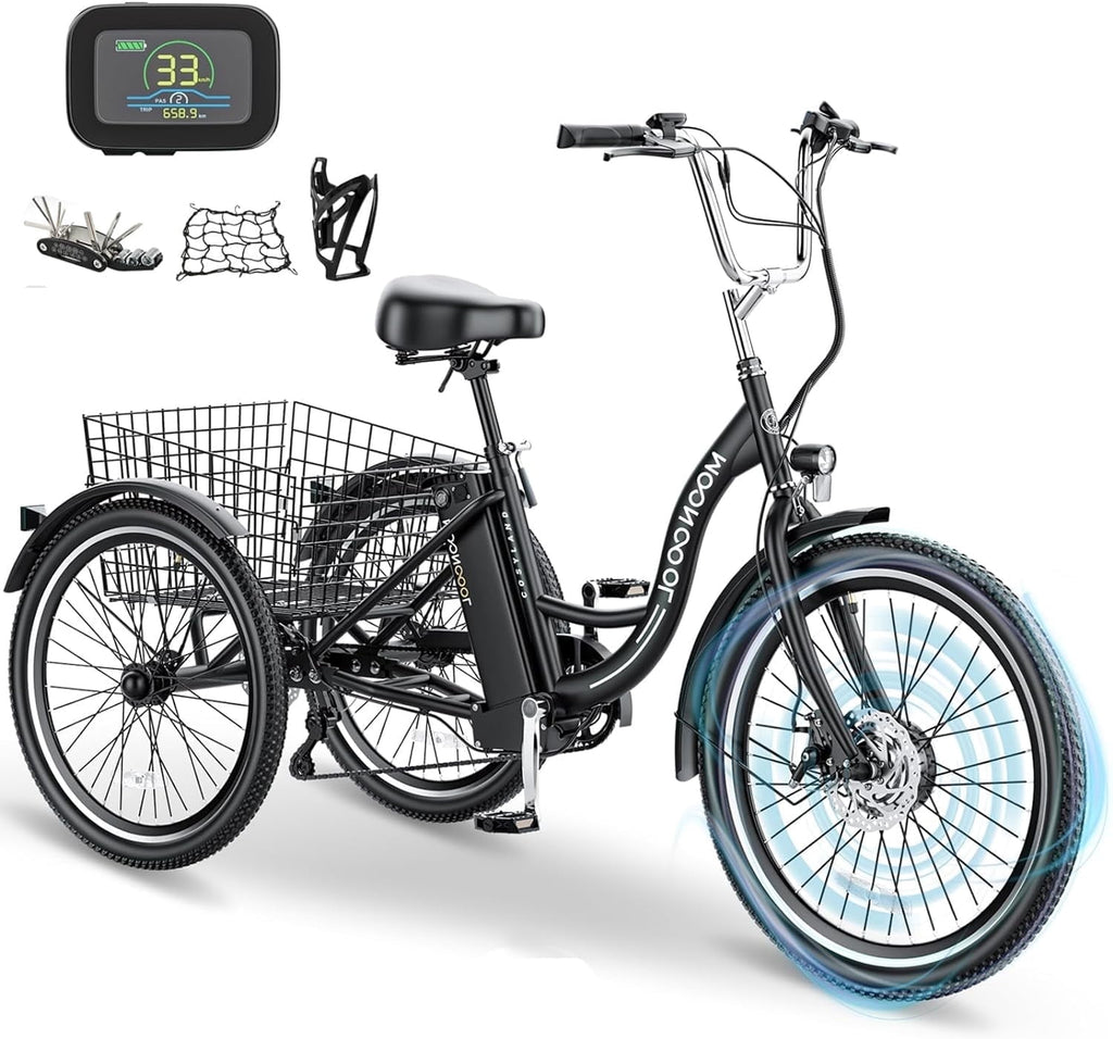 Lilypelle Motorized Three-Wheel Electric Bikes with Large Baskets for Adults/Seniors/Teens, Black Electric Bikes
