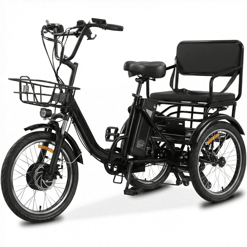 NOMIGO Two-Seat Electric Tricycle for Adults, Foldable 3 Wheel E-Bike for Errands with Rear Seat, Large Baskets and 48V Battery Electric Bikes