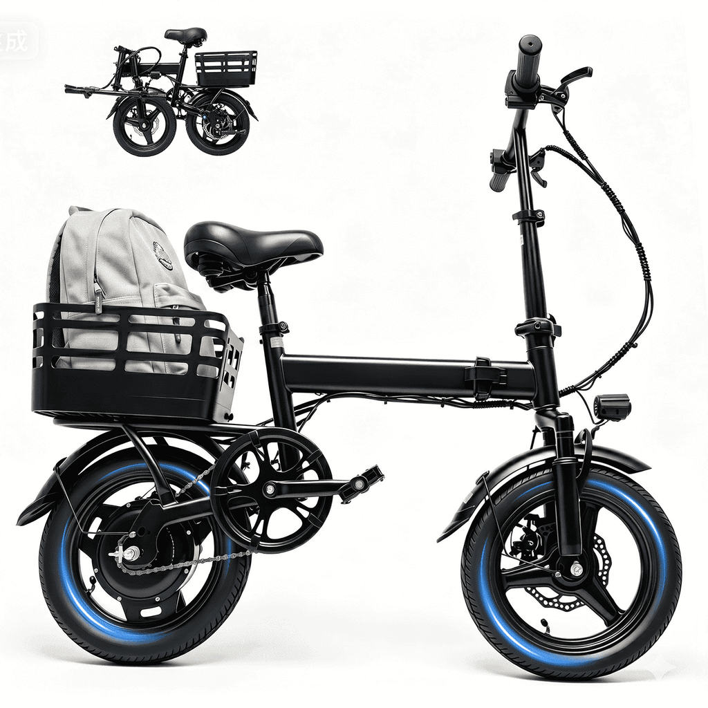 OwnGold 14IN Folding Electric Bicycles for Adults Teens with Basket,500W Peak Motor Up to 20 mph Range 30 Miles,36V 12Ah Removable Battery,Commuter/Shopping Mini Ebike,UL 2849 Electric Bikes