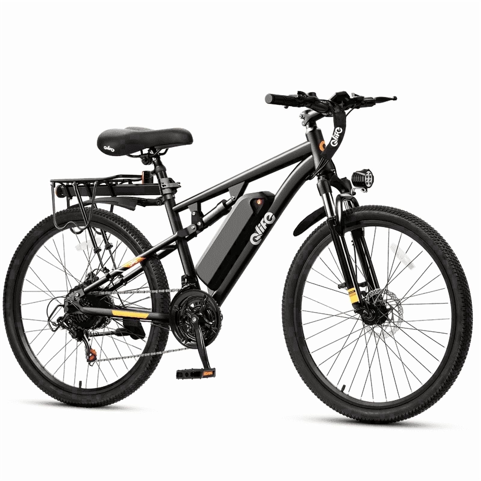 Qlife Racer 27.5 Electric Bicycle for Adults, Full Suspension 21-Speed Mountain Ebike with 500W Brushless Motor, 48V 10.4AH Removable Battery 55 Miles, (Black) with Fender & Rear Rack Electric Bikes