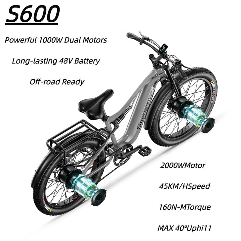 Shengmilo S600 Electric Mountain Bike 48V 1000W Dual Battery Ideal for off-road riding, hydraulic disc brakes, outdoor adventures Aluminum alloy frame, 3.0-inch wide tires Electric Bikes