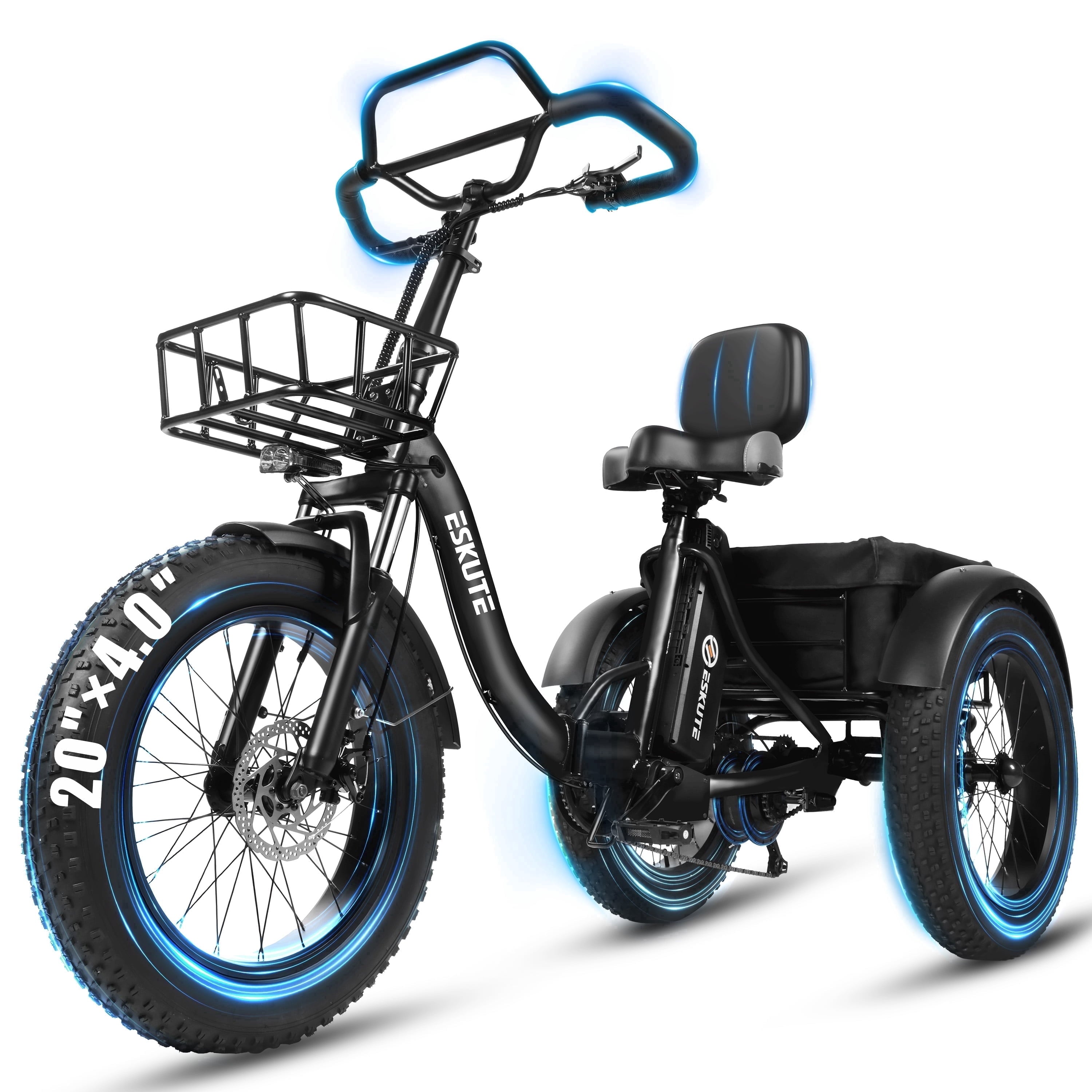 ESKUTE T300 Pro Electric Tricycle for Adults, E Trike, 998.4Wh Battery, 20 x 4.0 Fat Tires, Foldable 3 Wheel Electric Bike, Stable Ride for Seniors & Parents Black, UL2849 Electric Bikes