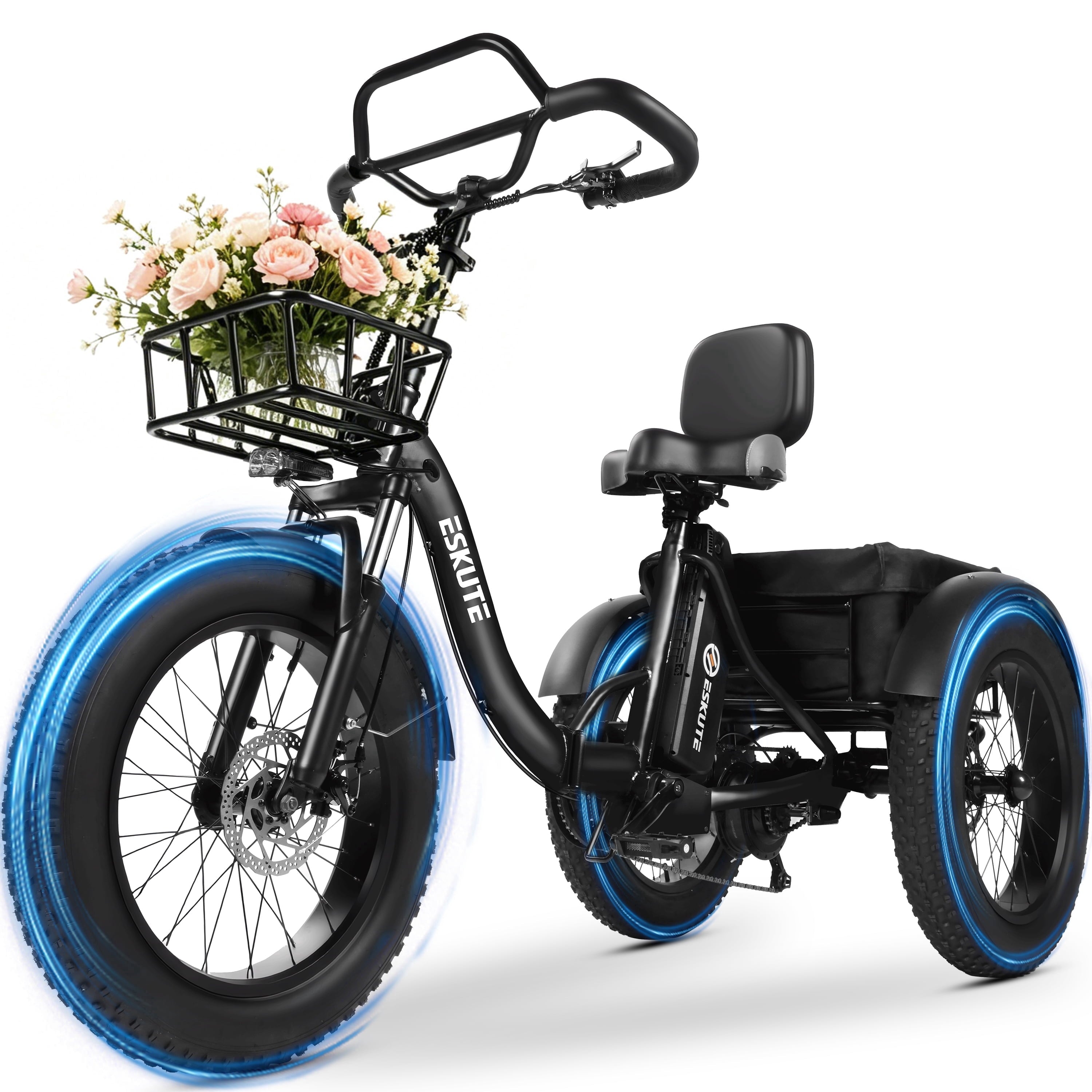 ESKUTE Foldable Electric Trike for Adults – 998.4Wh Battery, 20”x4” Fat Tires, Safe & Stable Ride for Seniors and Parents, Black Electric Bikes