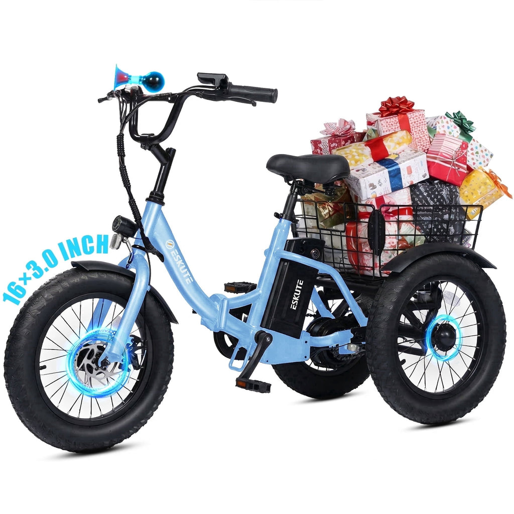 ESKUTE T300mini Electric Tricycle for Beginners, 16 x 3.0 Fat Tire Folding 3-Wheel E-Bike, 500W Peak Motor, 302Wh Battery, Step-Thru, 12.5 MPH, Blue, UL2849 Electric Bikes