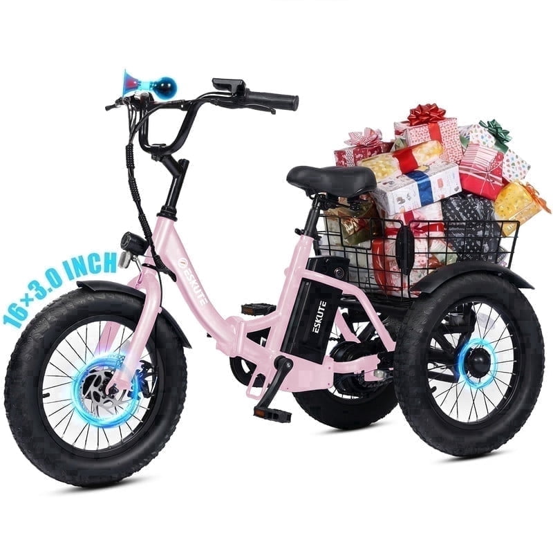 ESKUTE T300mini Electric Tricycle for Beginners, 16 x 3.0 Fat Tire Folding 3-Wheel E-Bike, 500W Peak Motor, 302Wh Battery, Step-Thru, 12.5 MPH, Pink, UL2849 Electric Bikes