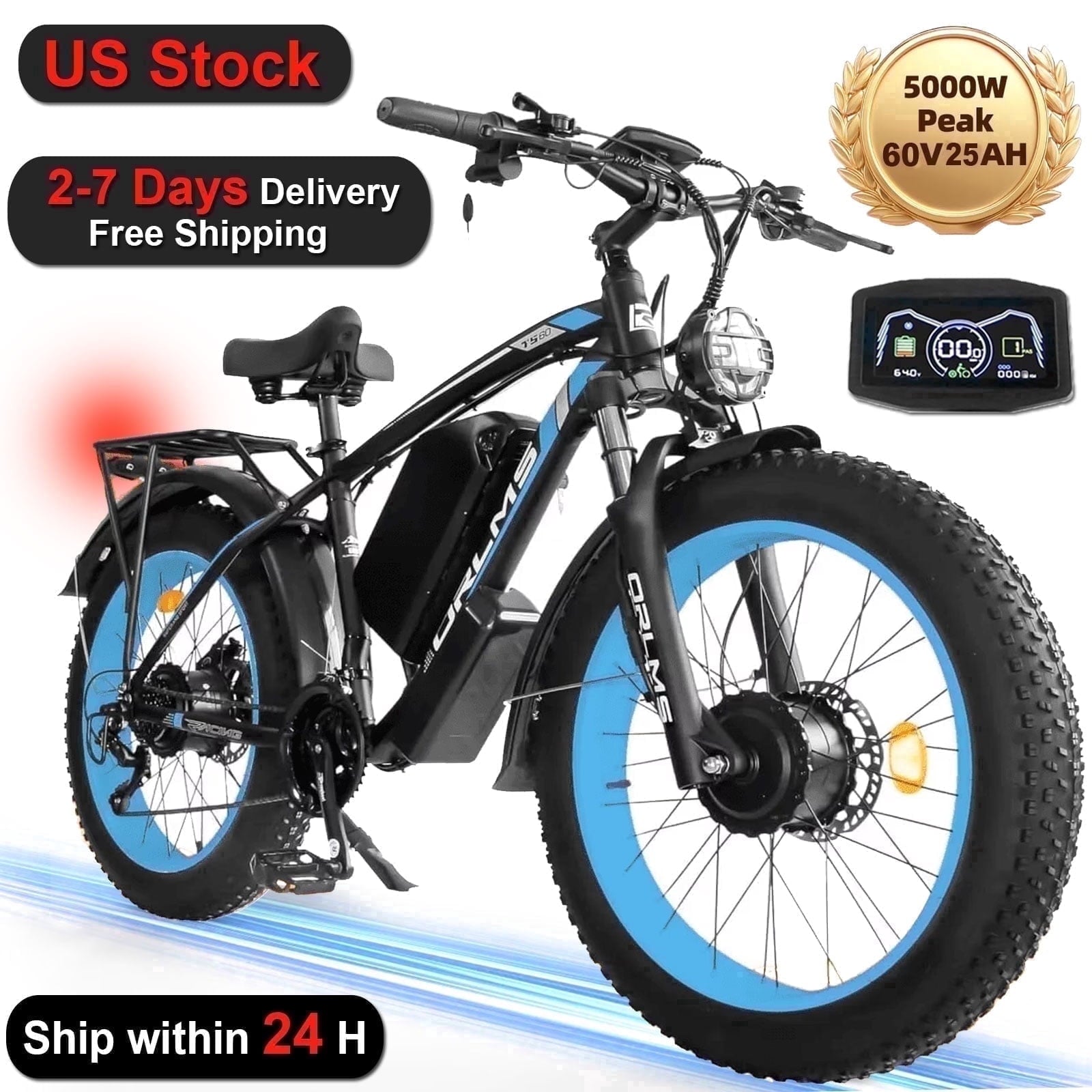 (US in Stock) 5000W Peak Dual Motor Electric Bike for Adults , 60V 25AH Removable Battery Ebike , 45-50MPH AWD 21-Speed Mountain E-Bike with 26 x 4.0 Fat Tire, Off-Road Snow EBikes Electric Bikes