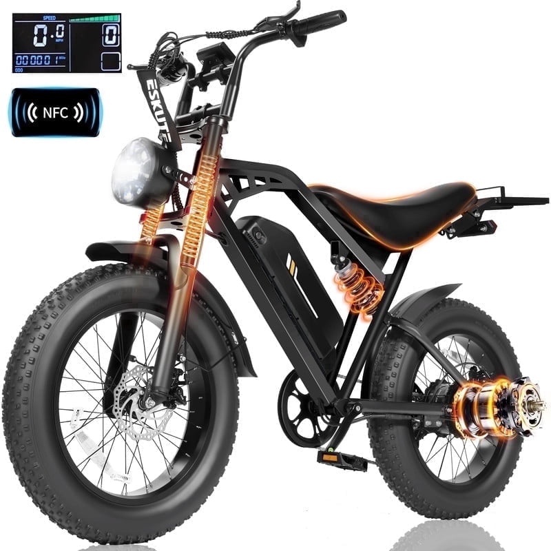 ESKUTE V200 Electric Bike for Adults, Dirt E-Bike 29MPH 48V20.8Ah Battery 80 Miles,20x4.0 Fat Tire, NFC Unlock, 7-Speed Dual Suspension, Black with Rear Rack & Footrests, UL2849 Electric Bikes