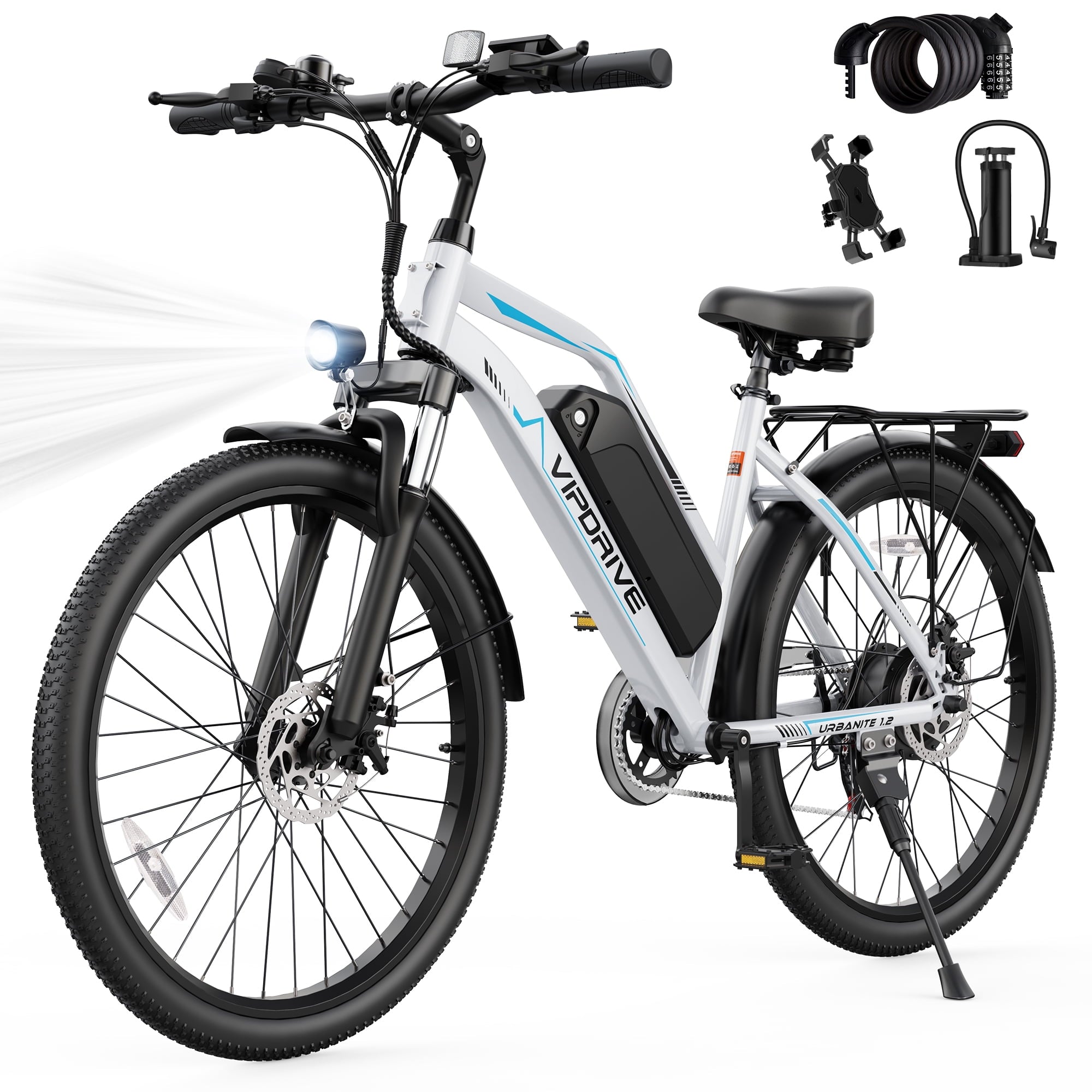 VIPDRIVE 26 Electric Bicycle for Adults & Women, Peak 750W Motor E-Bikes, 48V 7.8Ah Battery, 7-Speed, City Cruiser E-Bike, LCD Display, 50 Mi Range（UL2849） Electric Bikes