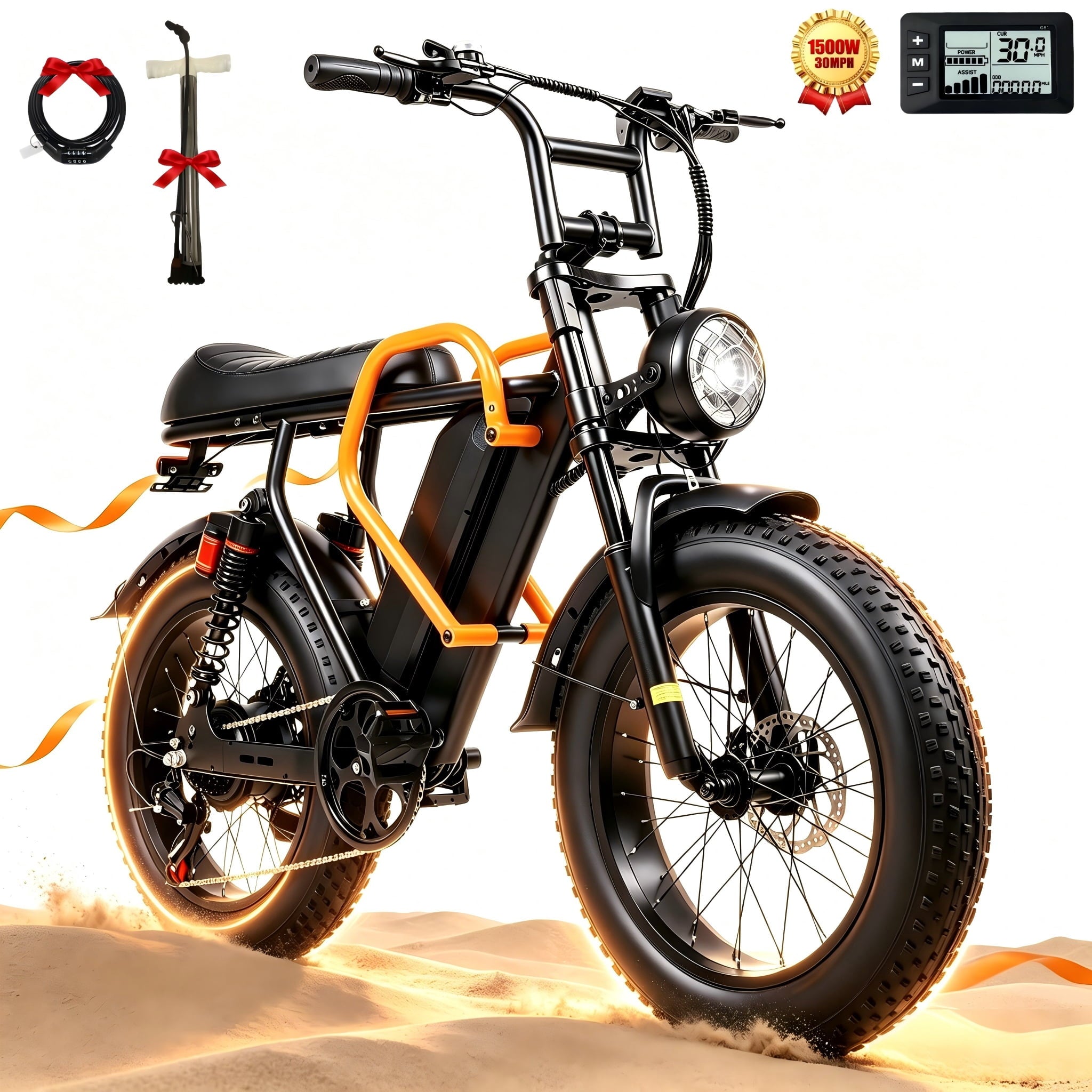 XKJ Electric Bike for Adults, 1500W Peak, 30MPH Electric Bike,50Mlies, 20 Fat Tire E-Mountain Bikes, 920Wh Removable Battery Ebike, Full Suspension shock, 7-Speed, UL 2849,Dirt ebike Electric Bikes