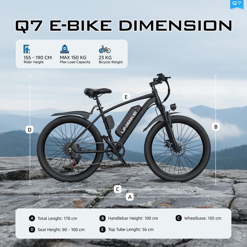 Unibike 26'' Ebikes For Adults, 748 Peak Motor Electric Mountain Bike, 36V 10Ah Removable Battery, 7-Speed E-Bicycle, Front Suspension Electric Bikes