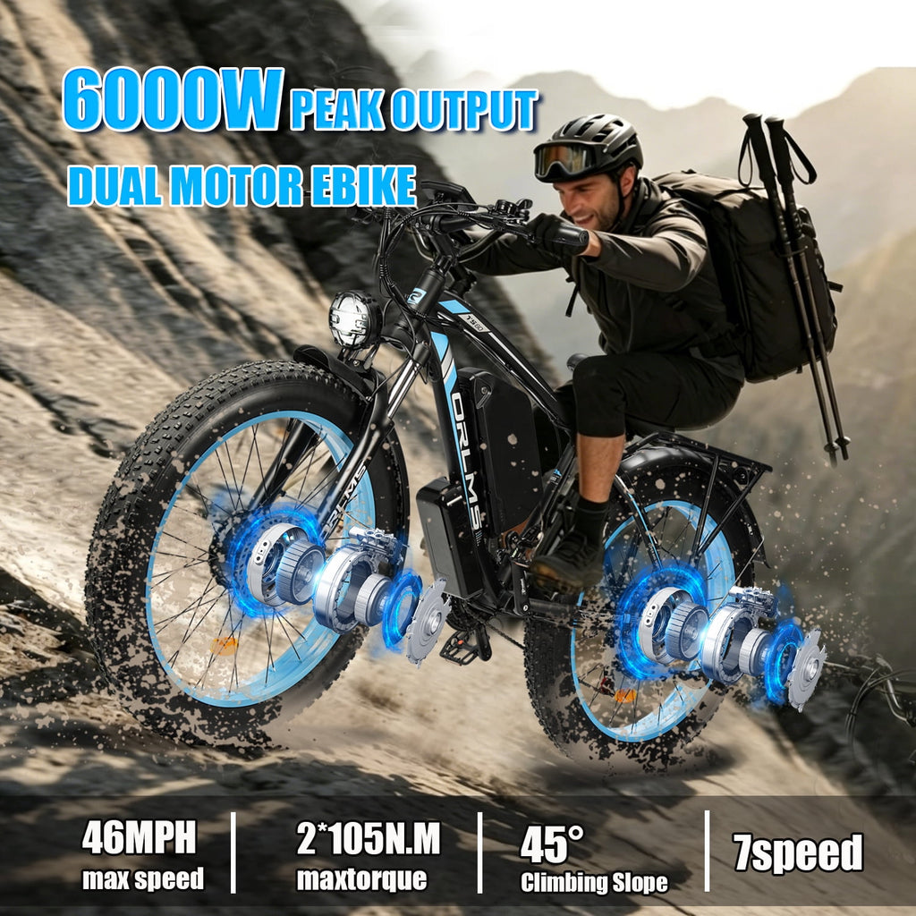 6000W Electric Bike, 60V 25AH Battery Ebike for Adults, Dual Motor AWD Ebike 50MPH 21-Speed ,Long Range Mountain EBike with 26 x 4.0 Fat Tire, All-Road Mountain Bike UL2849 Electric Bikes