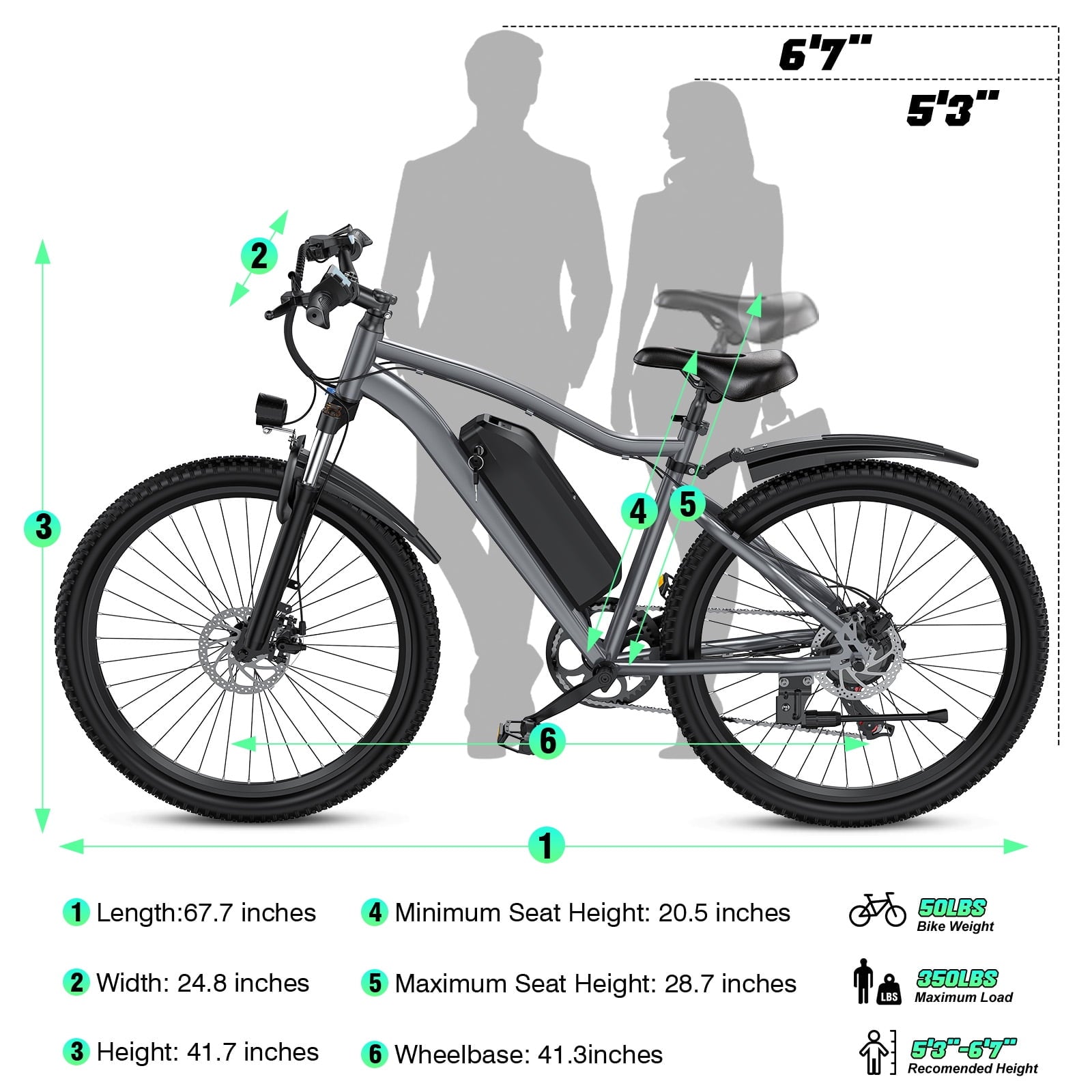 Terrosor 720W Peak Electric Bike, 48V 10.4Ah, 25MPH, 50Miles Range, 26''x2.12'' Tire Mountain Ebike,7 Speeds, Removable Battery,Adult Electric Bicycle, UL2849 Electric Bikes