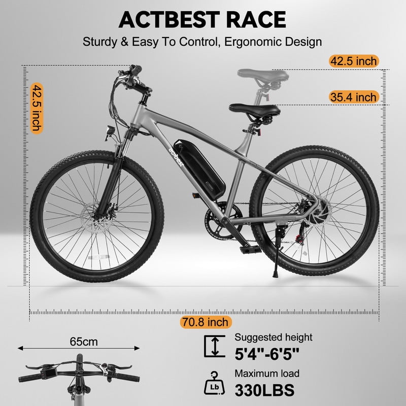 Actbest 27.5 Electric Bike for Adults, 1200W Peak Brushless Motor Up to 28MPH, 499.2WH Removable Battery Electric Mountain Bike, 21-Speed E-Bike with Fork Suspension (Grey) with Fender & Rear Rack Electric Bikes