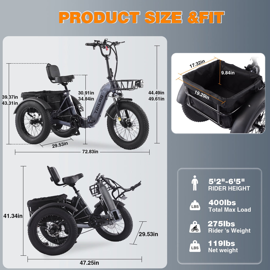 Meghna 20 inch Electric Tricycle 48V Max Speed 15 MPH Foldable 7 Speed Large Capacity Max Load 275 lbs Black Electric Bikes
