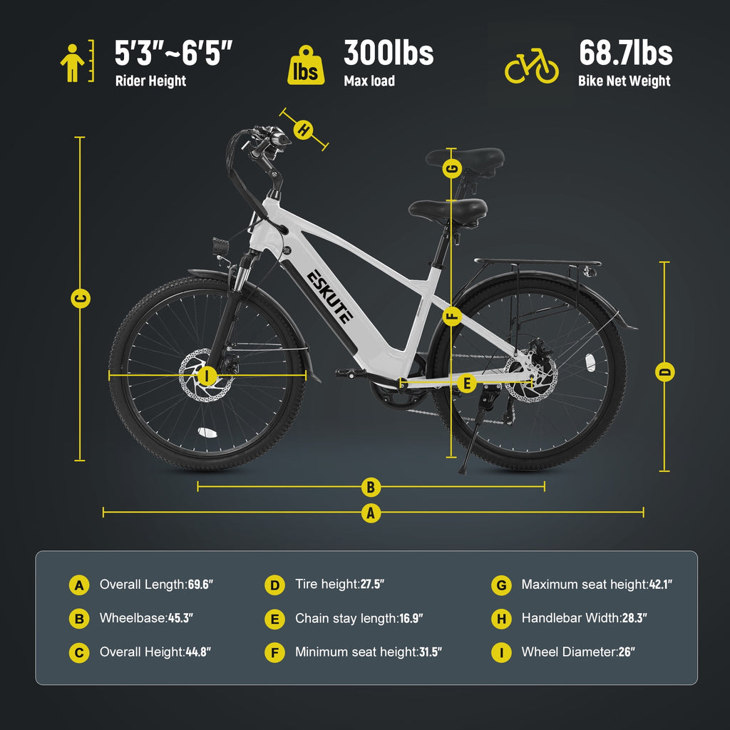 ESKUTE Adult Electric Bike – 70-Mile Range, 1300W Peak Motor, 28MPH, 840Wh Removable Battery, 26 Tires, 7-Speed Adjustable Stem, Step-Over Ebike, White Electric Bikes