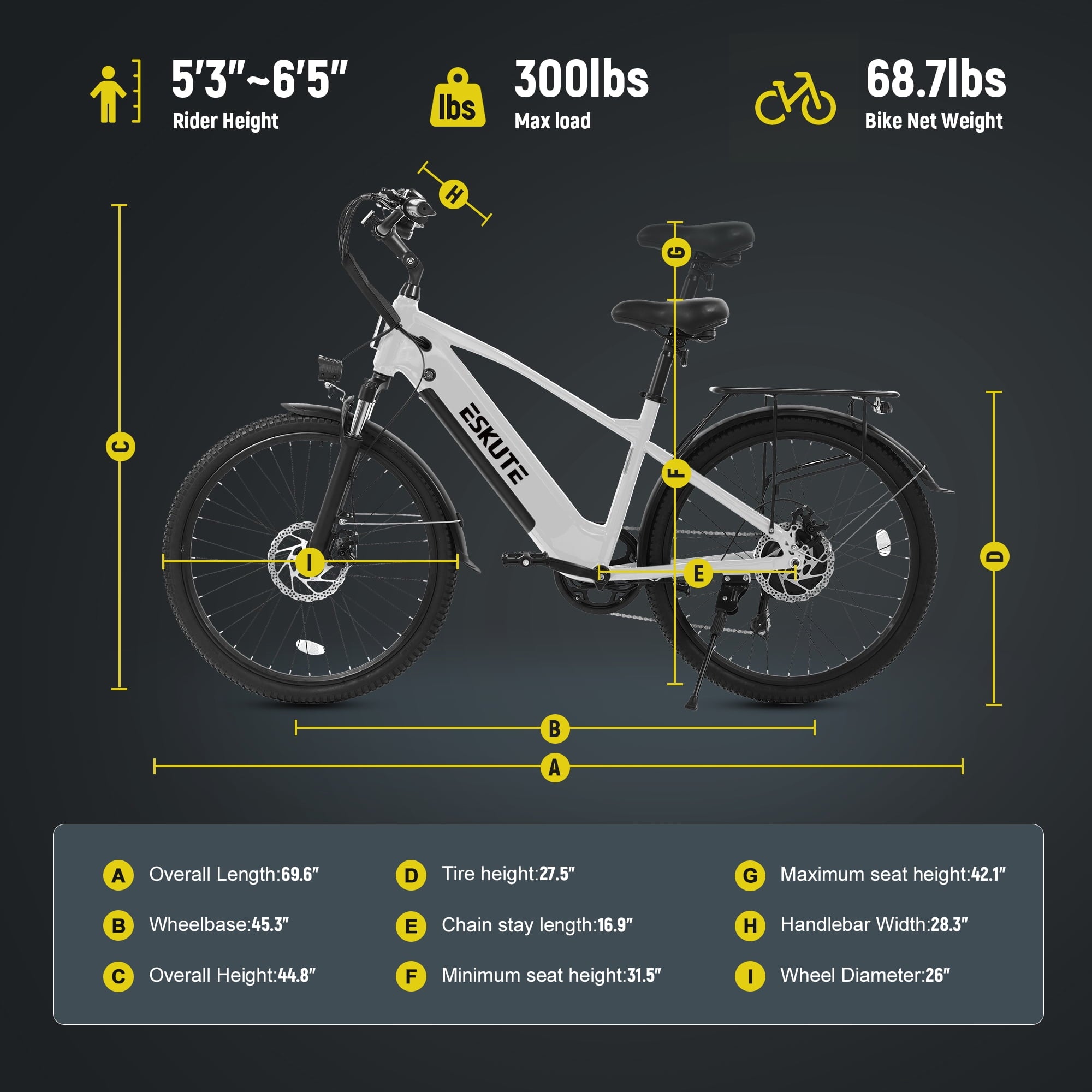 ESKUTE Adult Electric Bike – 70-Mile Range, 1300W Peak Motor, 28MPH, 840Wh Removable Battery, 26 Tires, 7-Speed Adjustable Stem, Step-Over Ebike, White Electric Bikes
