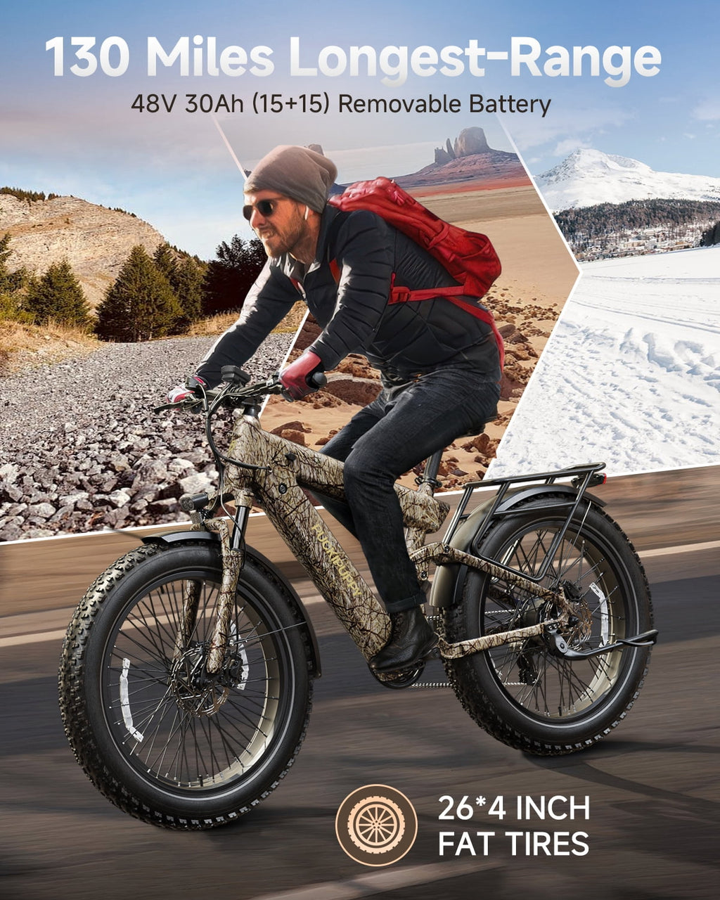 PUCKIPUPPY Electric Bikes for Adults 130Miles Long Range E Bike 1350W 28 mph Dual Battery Ebike (48V 15AH + 48V 15AH) 26 Fat Tire Full Suspension E Mountain Bike 8 Speed, Comply with UL2849 by SGS Electric Bikes
