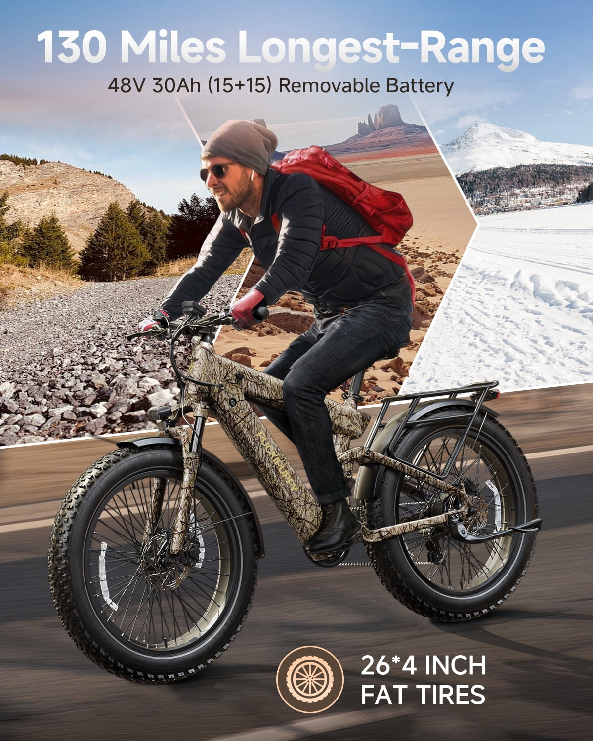 PUCKIPUPPY Electric Bikes for Adults 130Miles Long Range E Bike 1350W 28 mph Dual Battery Ebike (48V 15AH + 48V 15AH) 26 Fat Tire Full Suspension E Mountain Bike 8 Speed, Comply with UL2849 by SGS Electric Bikes