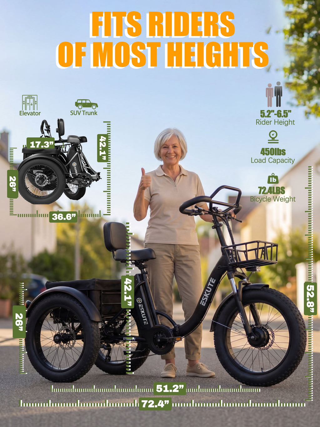 ESKUTE Foldable Electric Trike for Adults – 998.4Wh Battery, 20”x4” Fat Tires, Safe & Stable Ride for Seniors and Parents, Black Electric Bikes