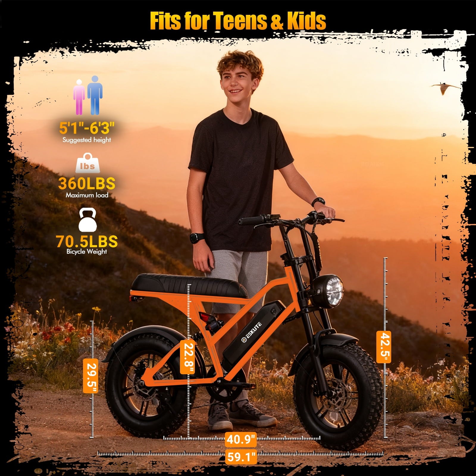 ESKUTE Electric Orange Bike for Adults – 500W Motor 48V 13Ah Battery, 19MPH, 16x4.0 Fat Tire E-Moped, 7-Speed, Up to 60 Miles, Commuter E-Bike for Adul UL2849 Electric Bikes