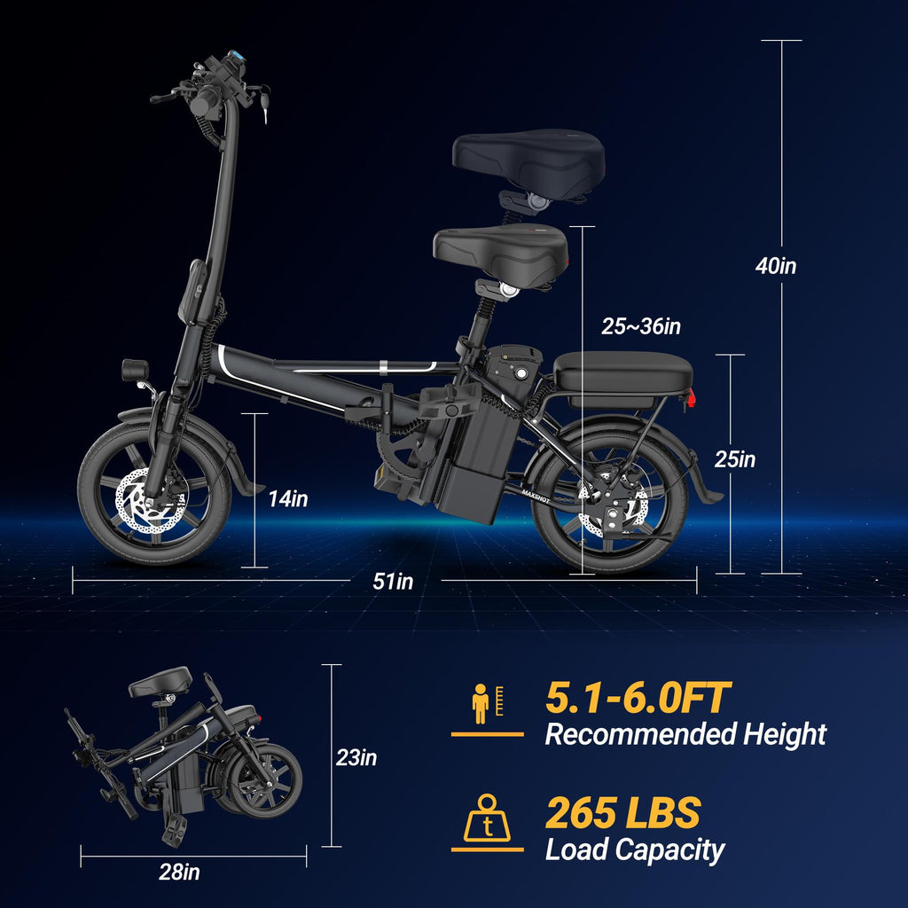 Foldable Electric Bike for Adults and Teens,14 Inch Tire 500W Rear Wheel Drive Motor with 48V 10.4Ah Removable Lithium Battery Two Seats UL2849 Electric Bikes