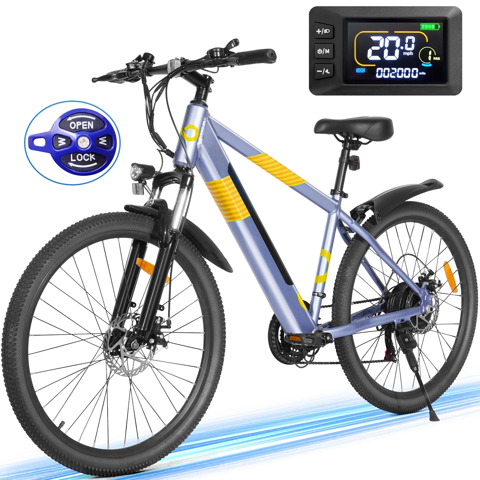 MIHOVER 26 Electric Bike for Adults 750W Peak 20MPH, 48V Removable Battery 40 Miles, Shimano 21-Speed Adjustable Fork，UL2849 City & Light Off-Road E-Bike with Lock-Blue Electric Bikes