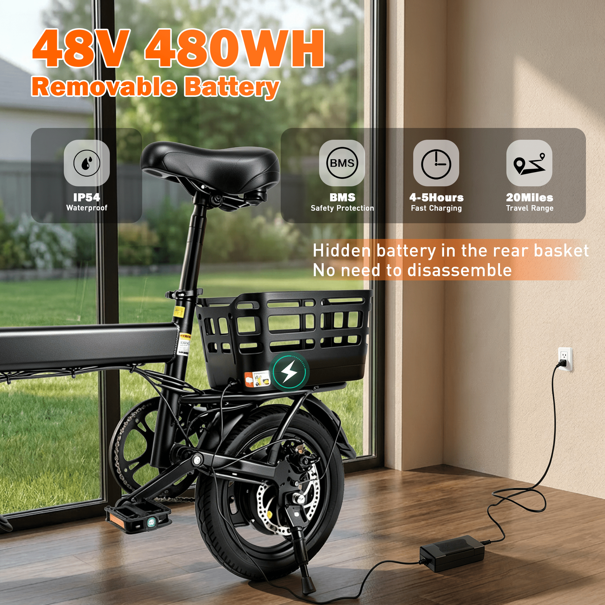 14 Foldable Electric Bike, 500W Peak Commuter Ebike for Adults, Mini Ebike with Basket, 480WH Battery, 18MPH & 20 Miles, UL2849 Electric Bikes