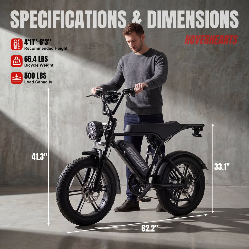 HOVER HEART 20 Fat Tire E-Bike 500W Electric Bicycle for Adults 48V 15Ah 28mph 7 Speed Hydraulic Brakes Retro Style Electric Bike with LCD Display Electric Bikes