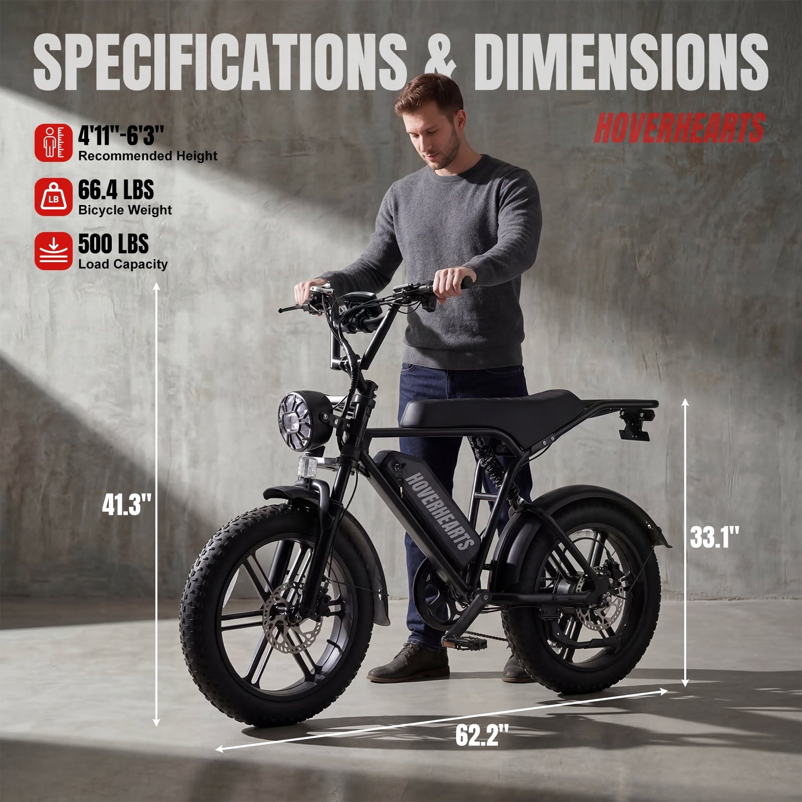 HOVER HEART 20 Fat Tire E-Bike 500W Electric Bicycle for Adults 48V 15Ah 28mph 7 Speed Hydraulic Brakes Retro Style Electric Bike with LCD Display Electric Bikes