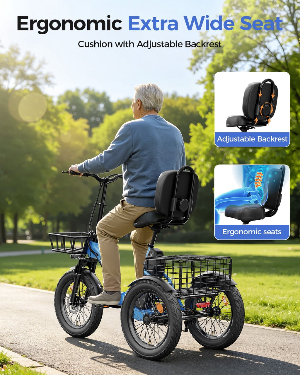 SPACEWALK Adult 3 Wheel Electric Tricycle, 18×3.0 Fat Tires, 48V 15AH battery 700W Peak Motor Up to 60 Miles Range, 18 MPH Adjustable Backrest Electric Bikes Electric Bikes