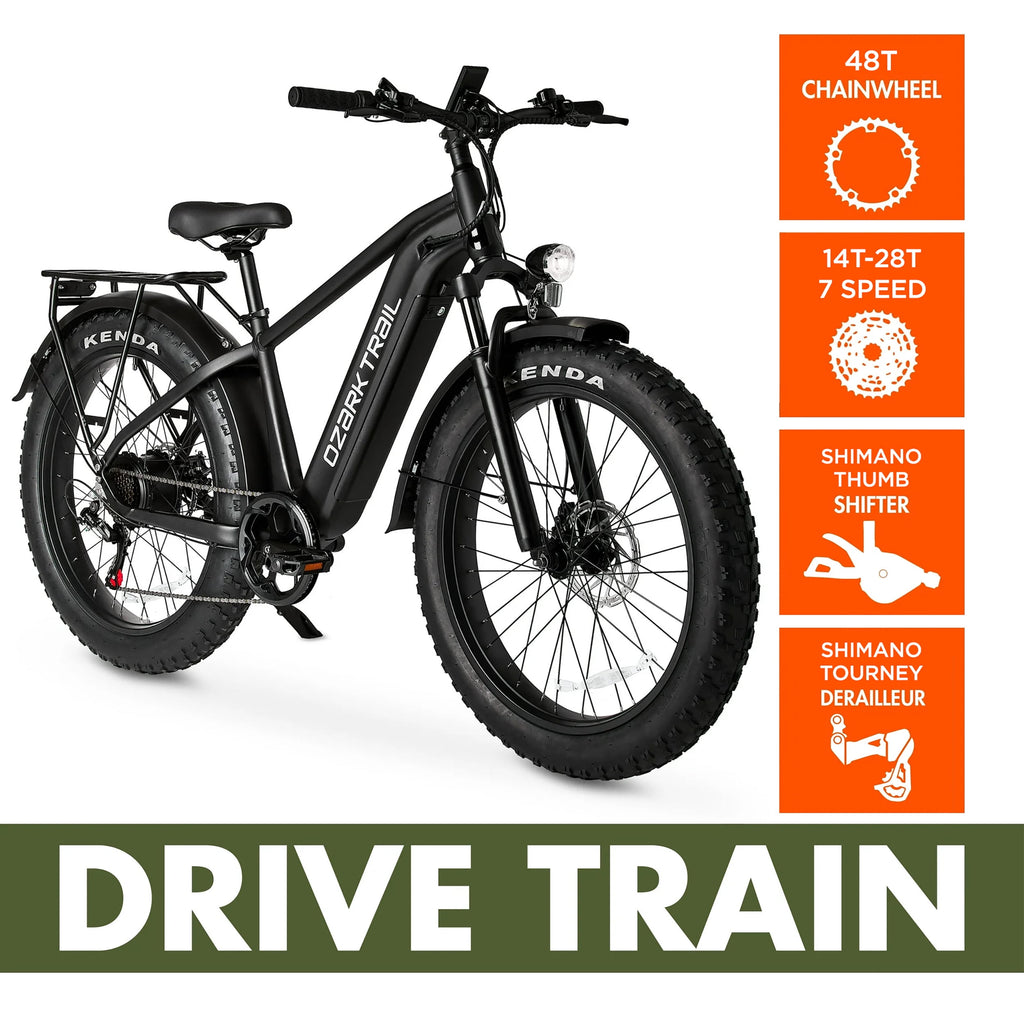 Ozark Trail 26 M.3 Ranger+ Electric Fat Tire Bike, 48V, Class 2, Black, Fits Riders 5'2 - 6'1, Adult, Unisex Electric Bikes