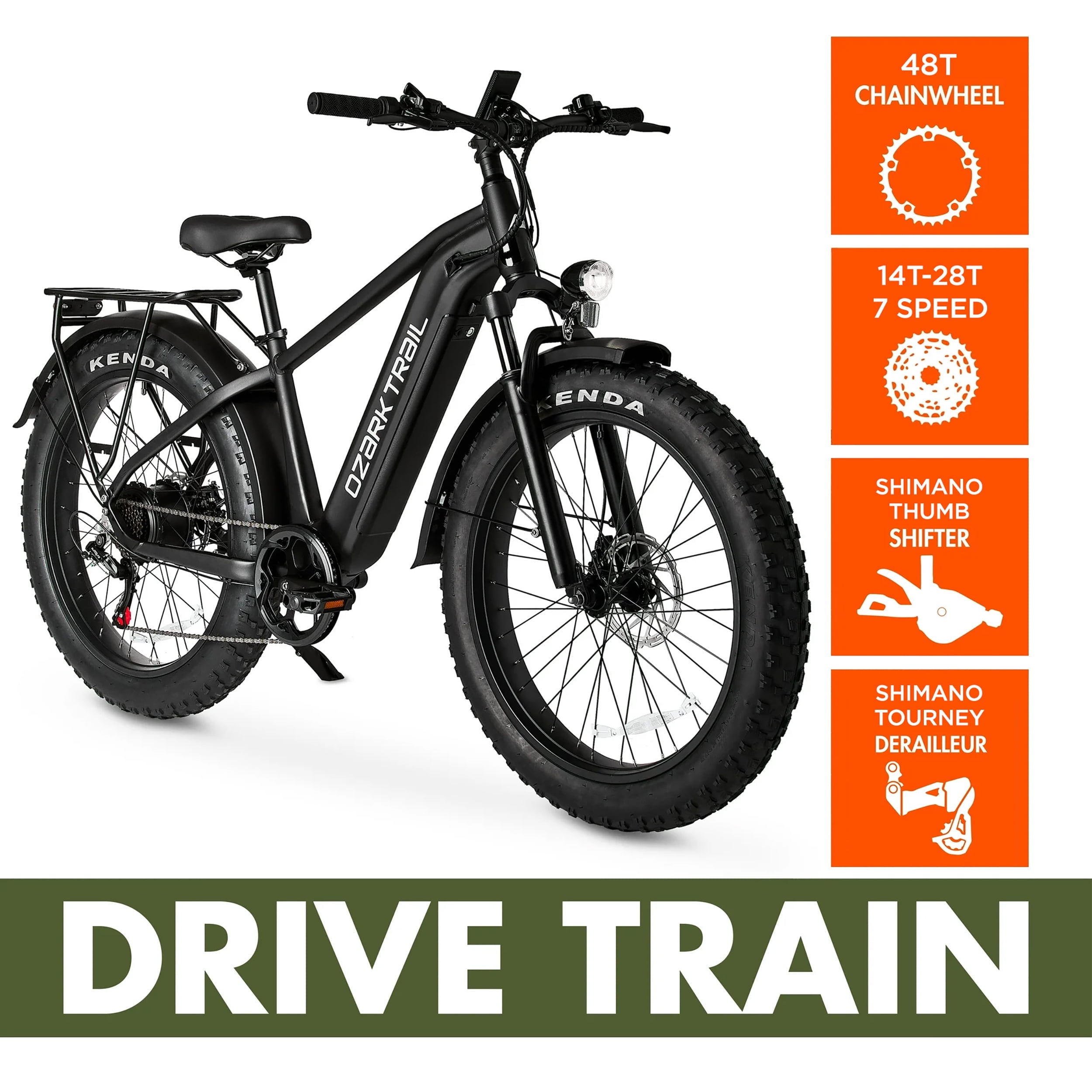 Ozark Trail 26 M.3 Ranger+ Electric Fat Tire Bike, 48V, Class 2, Black, Fits Riders 5'2 - 6'1, Adult, Unisex Electric Bikes