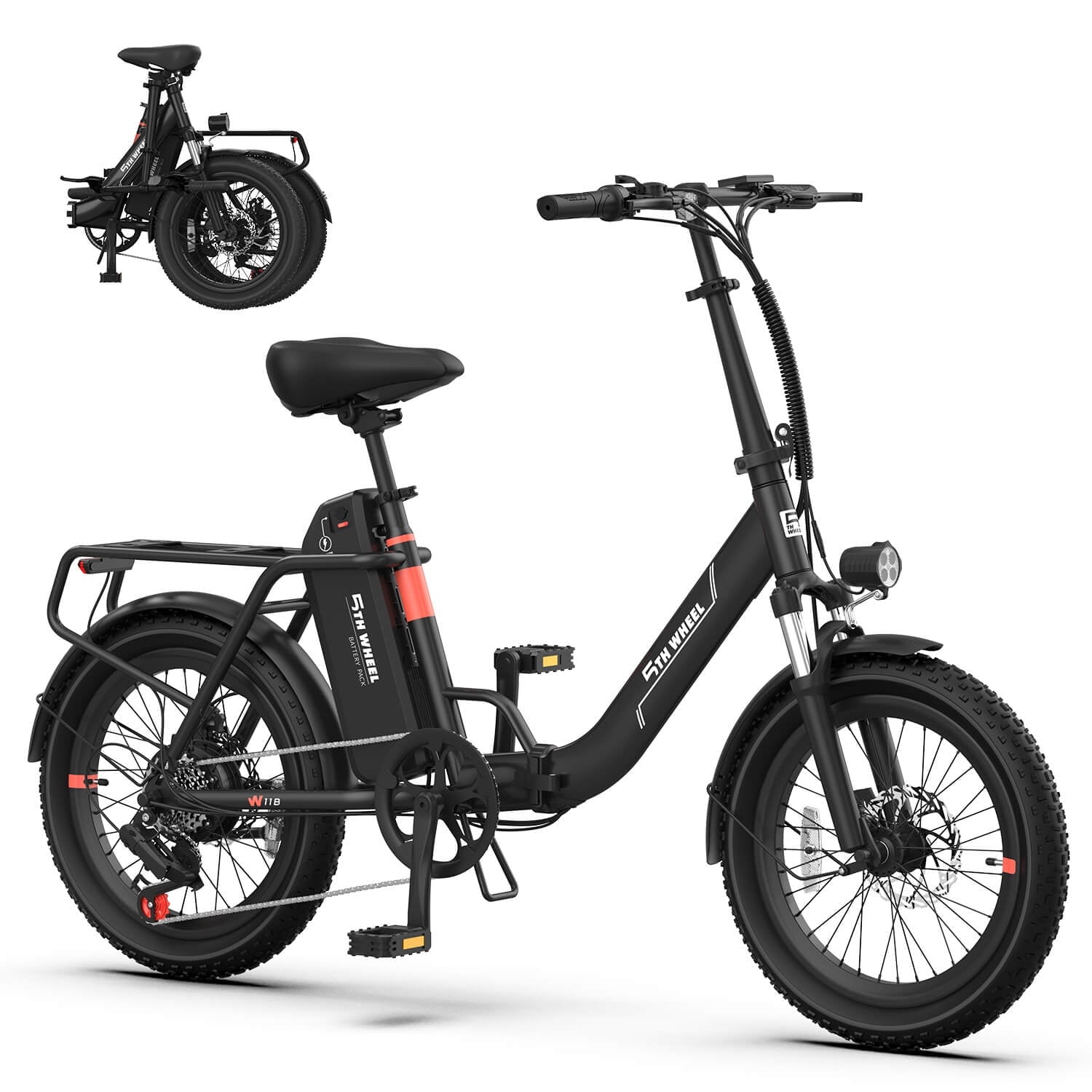 5TH WHEEL W11B 20 Fat Tire Electric Bike, 500W Foldable Adult E-bike with 48V 15.6Ah Removable Battery, Electric Bicycle with 7 Speed, UL2849 Electric Bikes