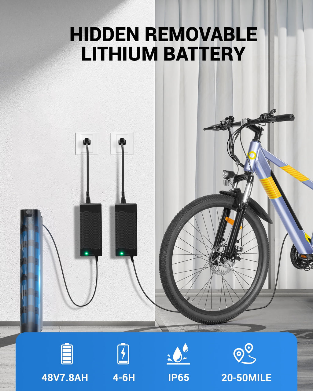 MIHOVER 26 Electric Bike for Adults 750W Peak 20MPH, 48V Removable Battery 40 Miles, Shimano 21-Speed Adjustable Fork，UL2849 City & Light Off-Road E-Bike with Lock-Blue Electric Bikes
