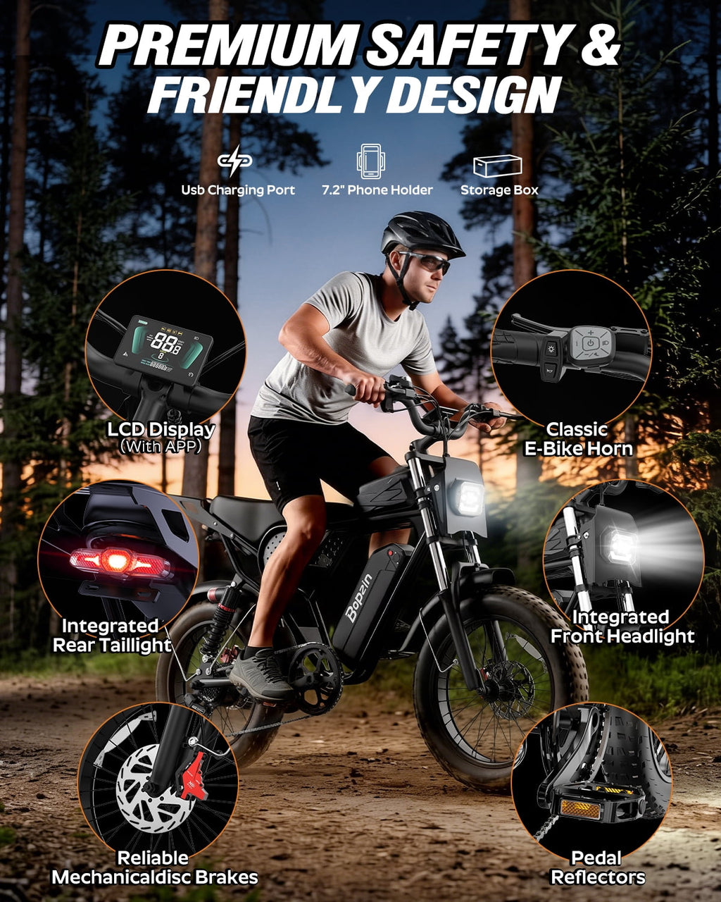 Bopzin Electric Bike for Adults,Peak 1500W App & Anti-Theft, 48V/25Ah, 20x4.0 Fat Tire Ebike, E-Mountain Bike Tested Under UL2849 Electric Bikes