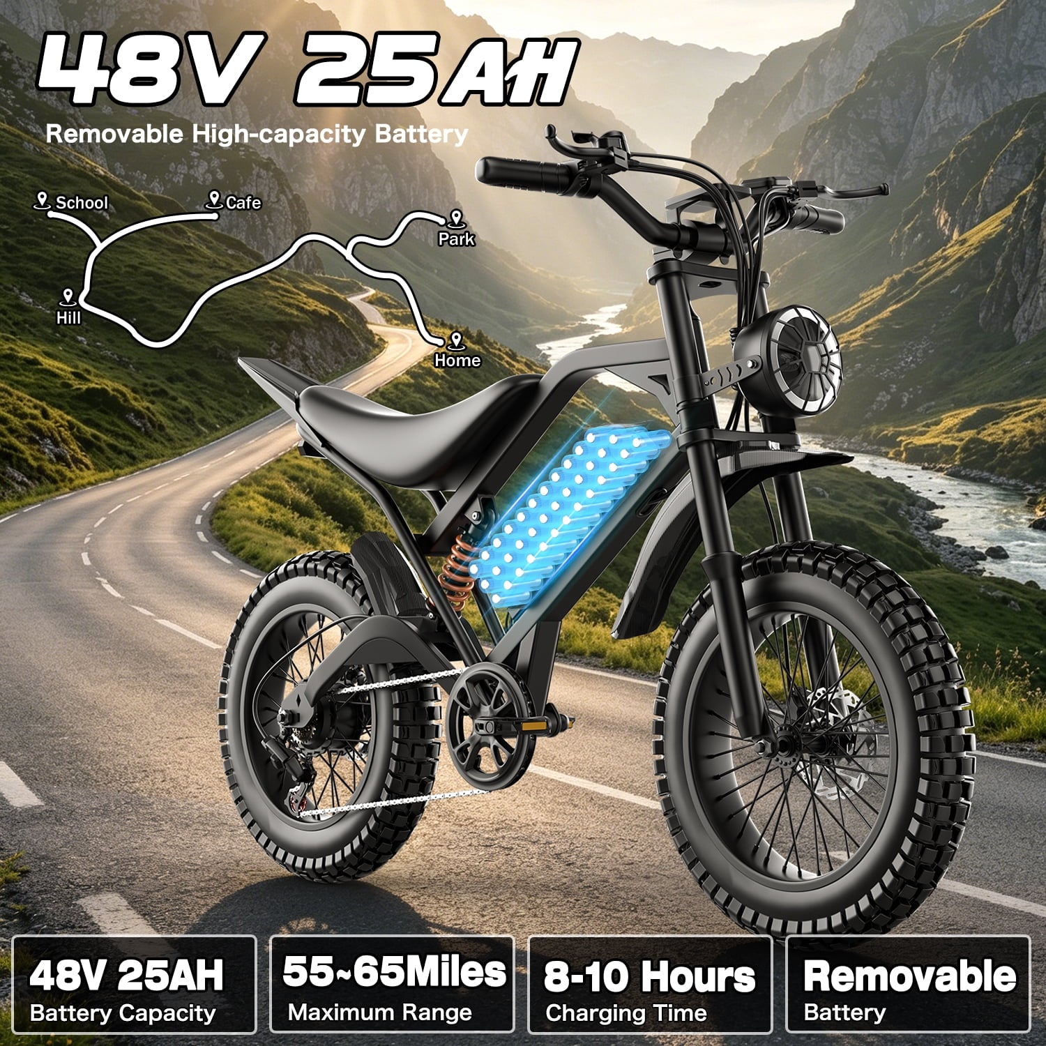 Adult Electric Bike 2500W Brushless Motor, 48V 25AH Long Range Battery, 26 Fat Tire E-Bike, 25MPH, 7-Speed, IPX5 Waterproof, Electric Bicycle for Mountain, Beach, Commute Electric Bikes
