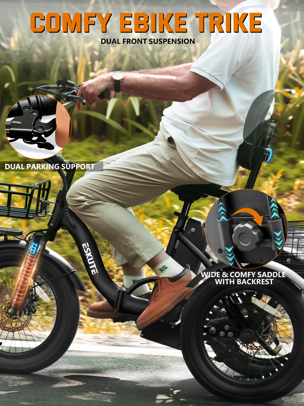 ESKUTE Adult E Trike Electric Tricycle – 750W Brushless Motor, 18+ MPH, Fat Tires, Foldable Step-Thru 3-Wheel E-Bike, Up to 55 Miles, Black Electric Bikes