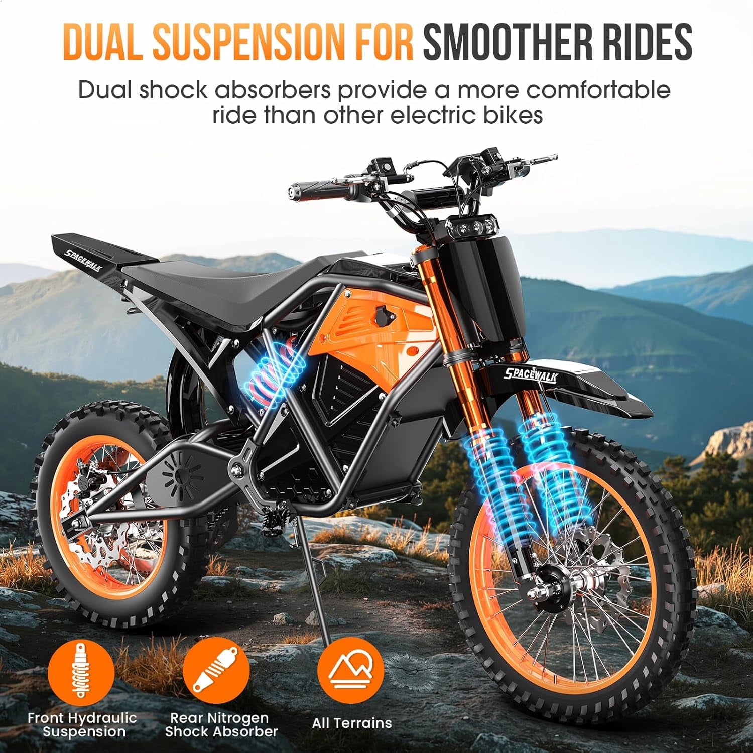 SPACEWALK 3000W Peak Motor 37.5MPH off road Mountain E Bike for Teens&Adults, 48V 14/12 Fat Tires E-Bike, Full Suspension, Hydraulic Brakes UL2849 Electric Bikes