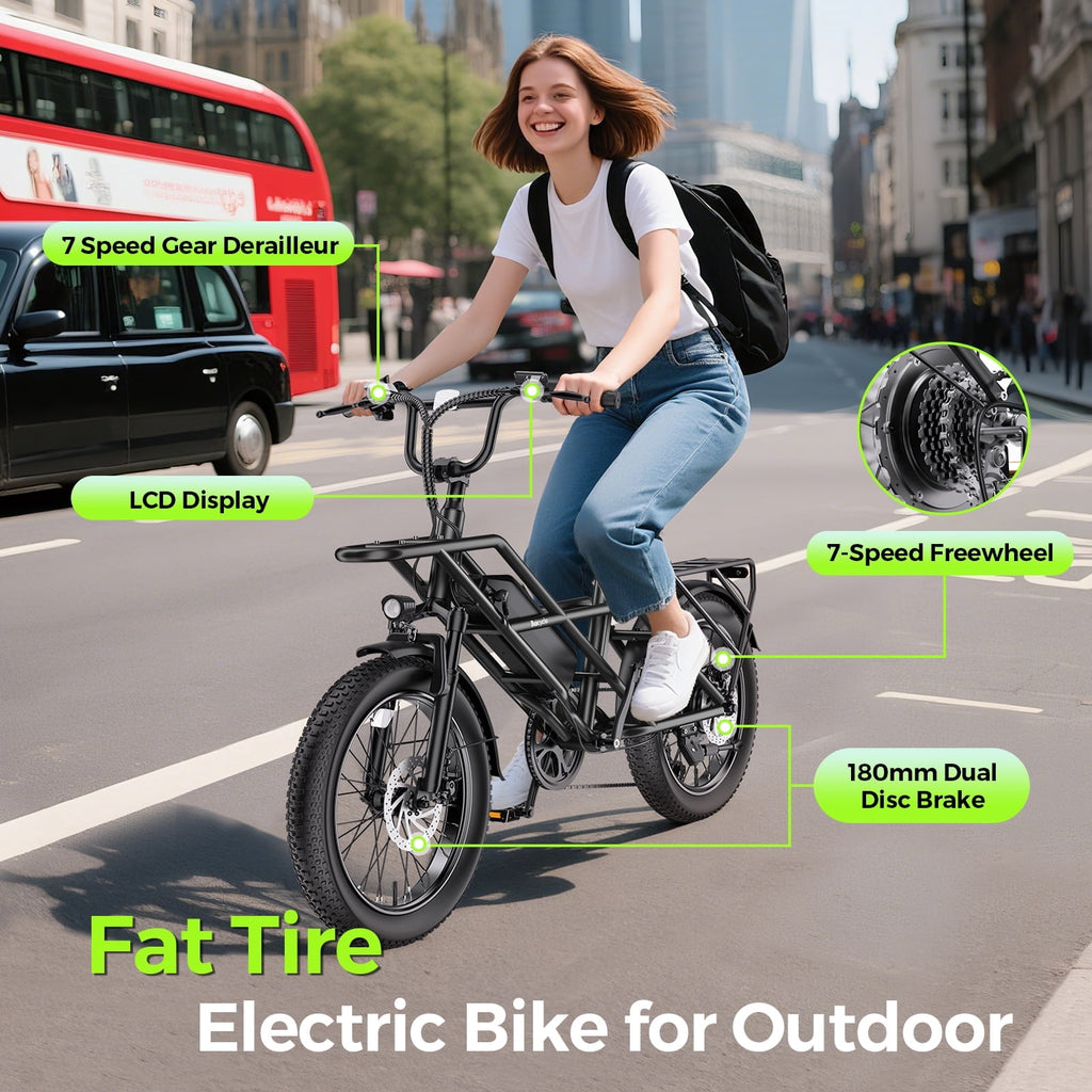 GSPEED A03 1200W Peak Electric Bike, 20 Fat Tire All-Terrain for Adults, 70 Mile Range, 48V 13Ah Battery, 28 MPH, Front Suspension, UL2849 Certified Electric Bikes